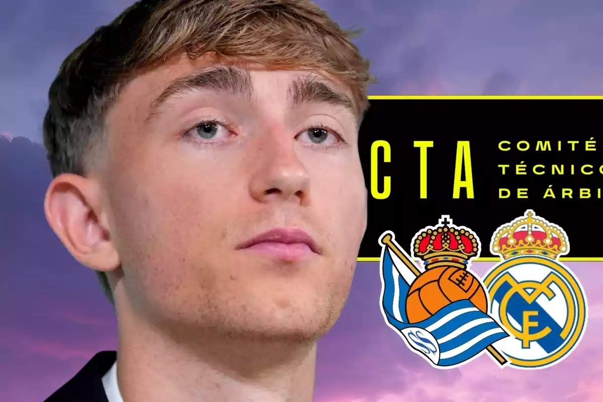 Jove de cabell clar amb expressió seriosa davant d’un fons amb els escuts de la Reial Societat i el Reial Madrid juntament amb les sigles CTA i text del Comitè Tècnic d’Àrbitres