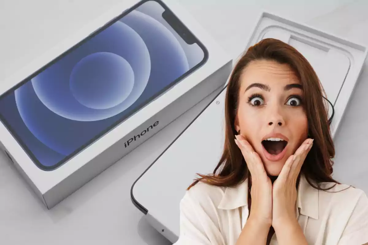 Woman surprised in front of a new iPhone box Woman surprised in front of a new iPhone box