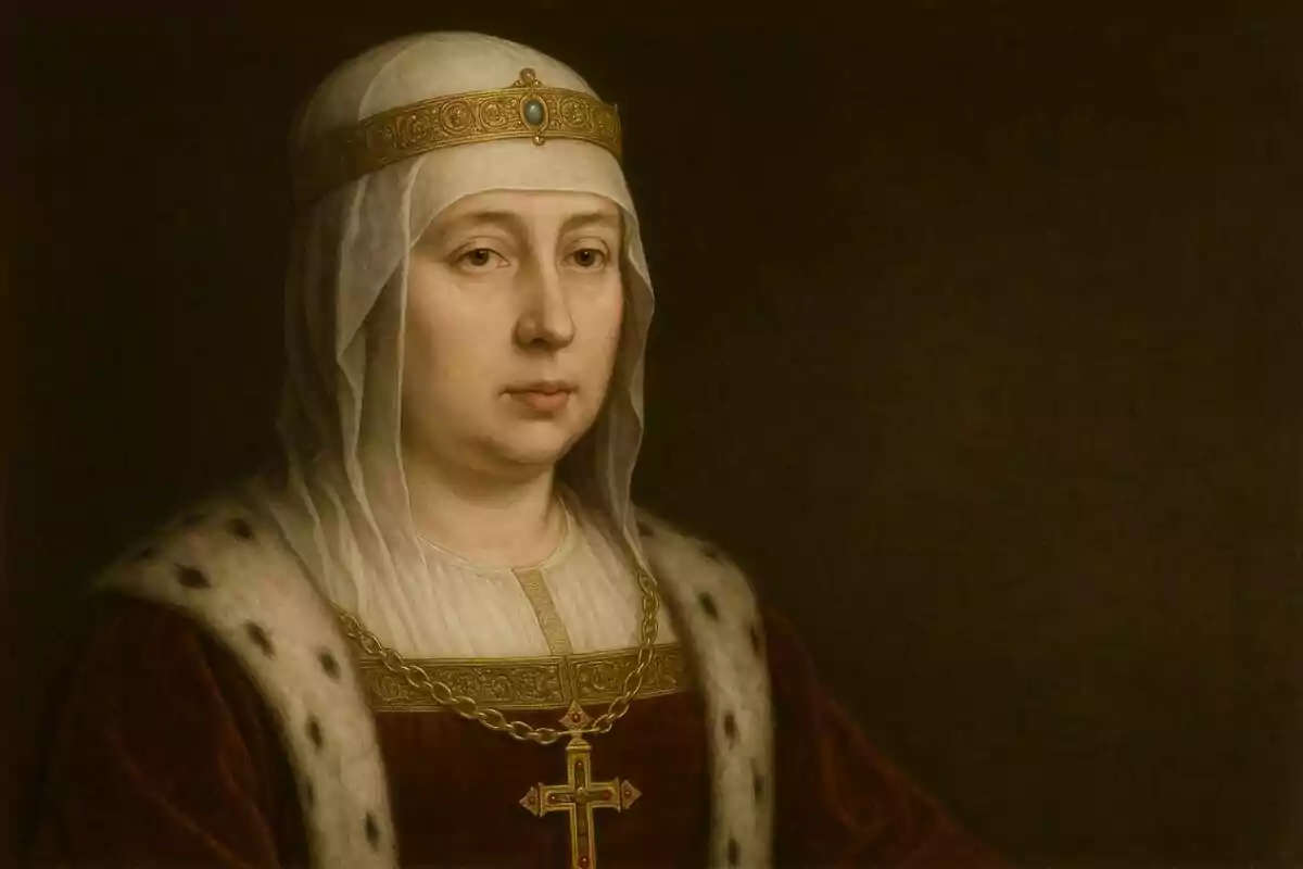 Retrat d’Isabel I de Castella amb vestimenta reial medieval, corona daurada i mantell d’ermini sobre fons fosc.