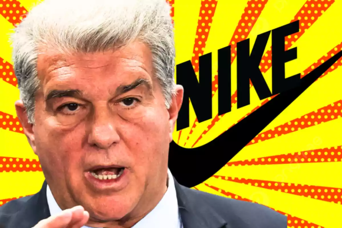 Home de cabells canosos en primer pla amb fons groc i vermell amb el logotip de Nike al darrere