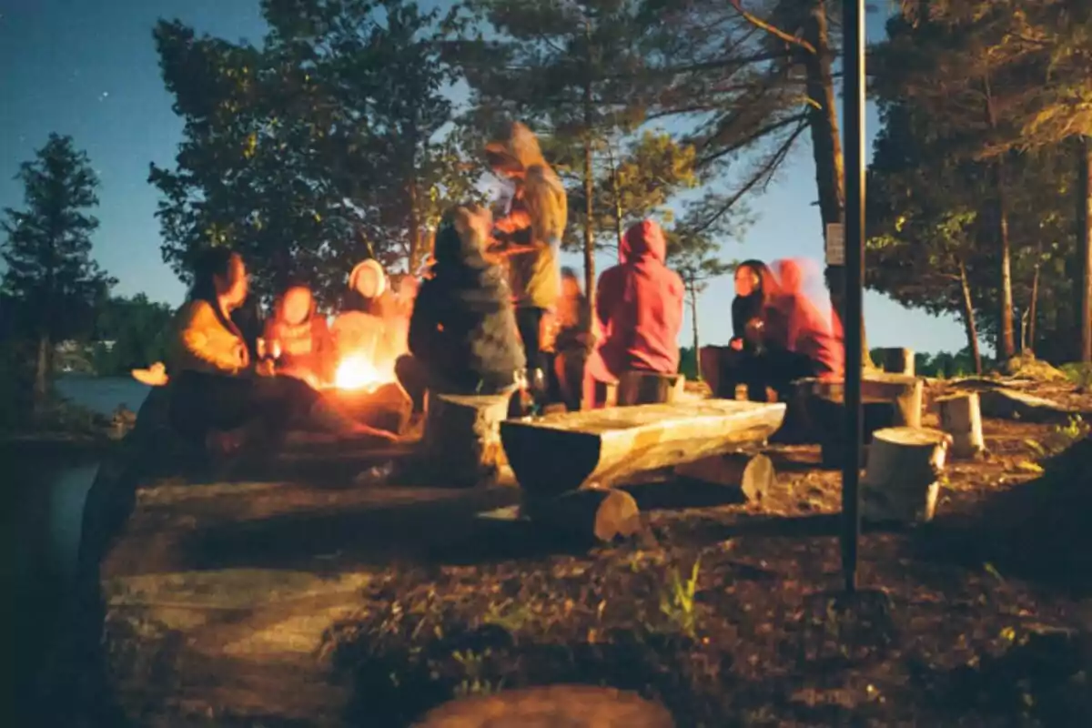 Un grup de persones assegudes al voltant d’una foguera al bosc durant la nit Un grup de persones assegudes al voltant d’una foguera al bosc durant la nit