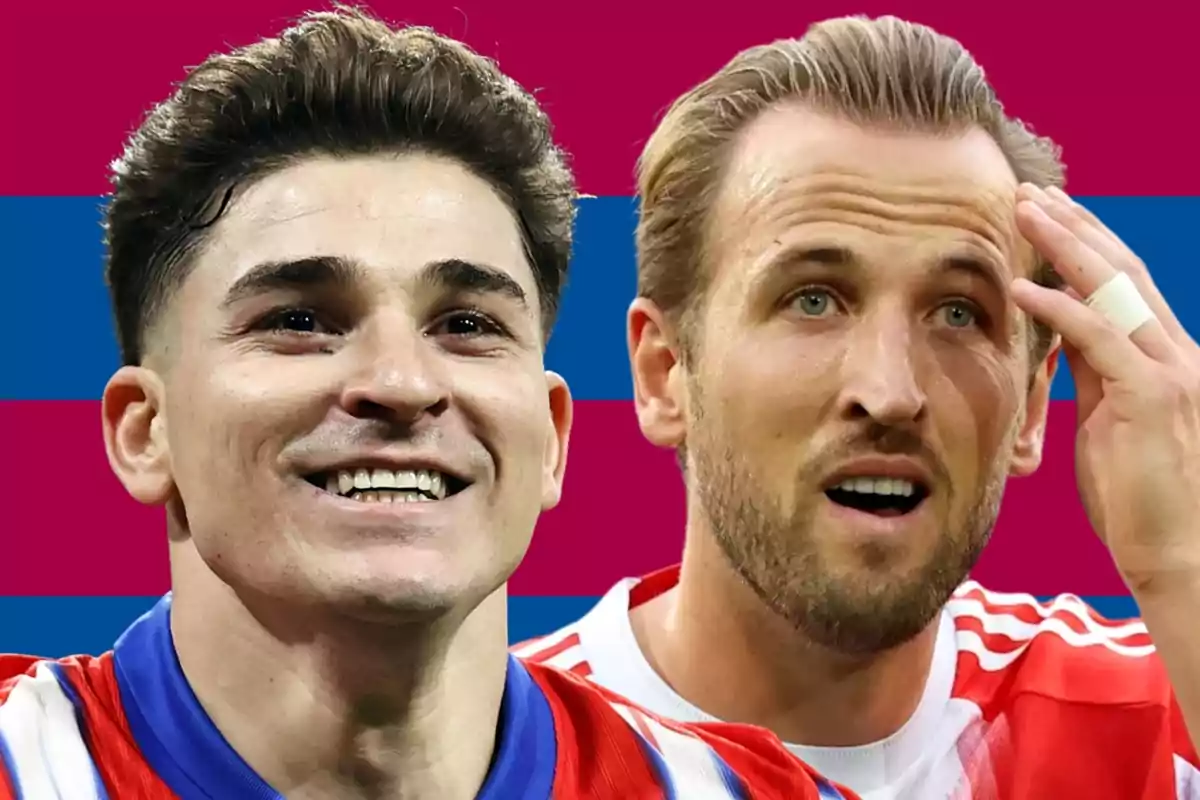 Dos futbolistes amb uniforme vermell i blanc posen davant d’un fons amb franges horitzontals blaves i roses.