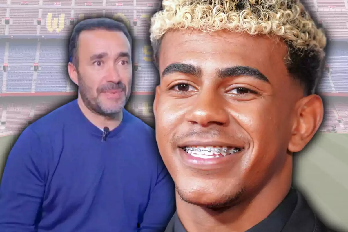 Dos homes apareixen en primer pla amb un estadi de futbol de fons; un d’ells somriu mostrant brackets i l’altre porta barba i samarreta blava.