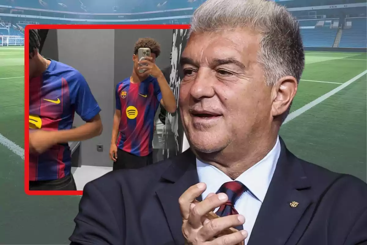 Un hombre de cabello canoso con traje oscuro aparece en primer plano sobre un fondo de estadio de fútbol, mientras detrás se observa una imagen de dos jóvenes usando una camiseta del FC Barcelona con el logo de Spotify.