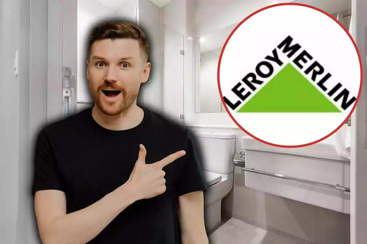 Home amb expressió de sorpresa assenyalant el logotip de Leroy Merlin en un bany modern