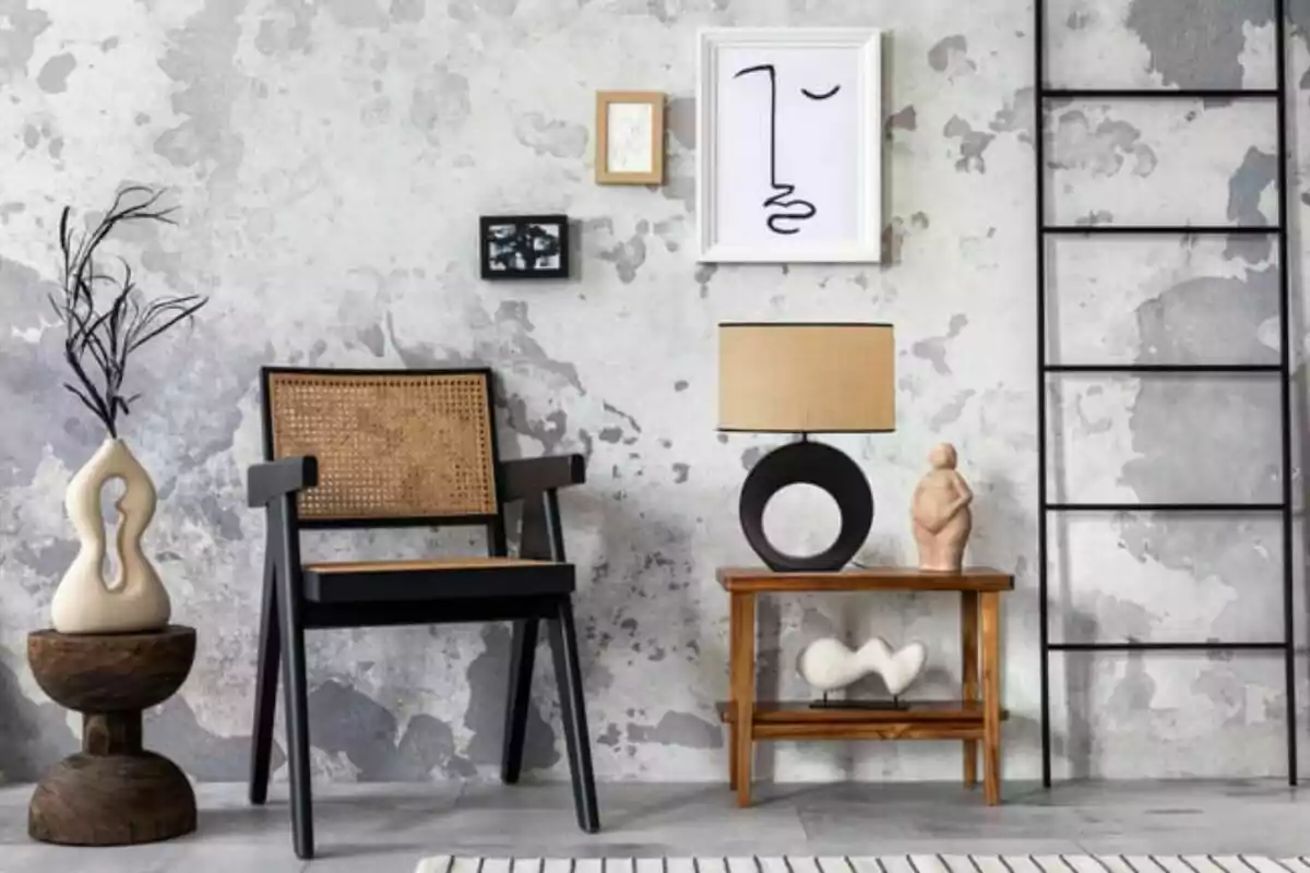 Sala decorada con estilo moderno y minimalista con una silla de madera, una mesa auxiliar con lámpara y esculturas, una escalera decorativa y cuadros en la pared de fondo desgastada Sala decorada con estilo moderno y minimalista con una silla de madera, una mesa auxiliar con lámpara y esculturas, una escalera decorativa y cuadros en la pared de fondo desgastada