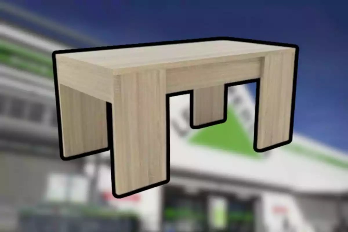 Taula de fusta clara amb vores fosques sobre un fons desenfocat d’edifici Taula de fusta clara amb vores fosques sobre un fons desenfocat d’edifici