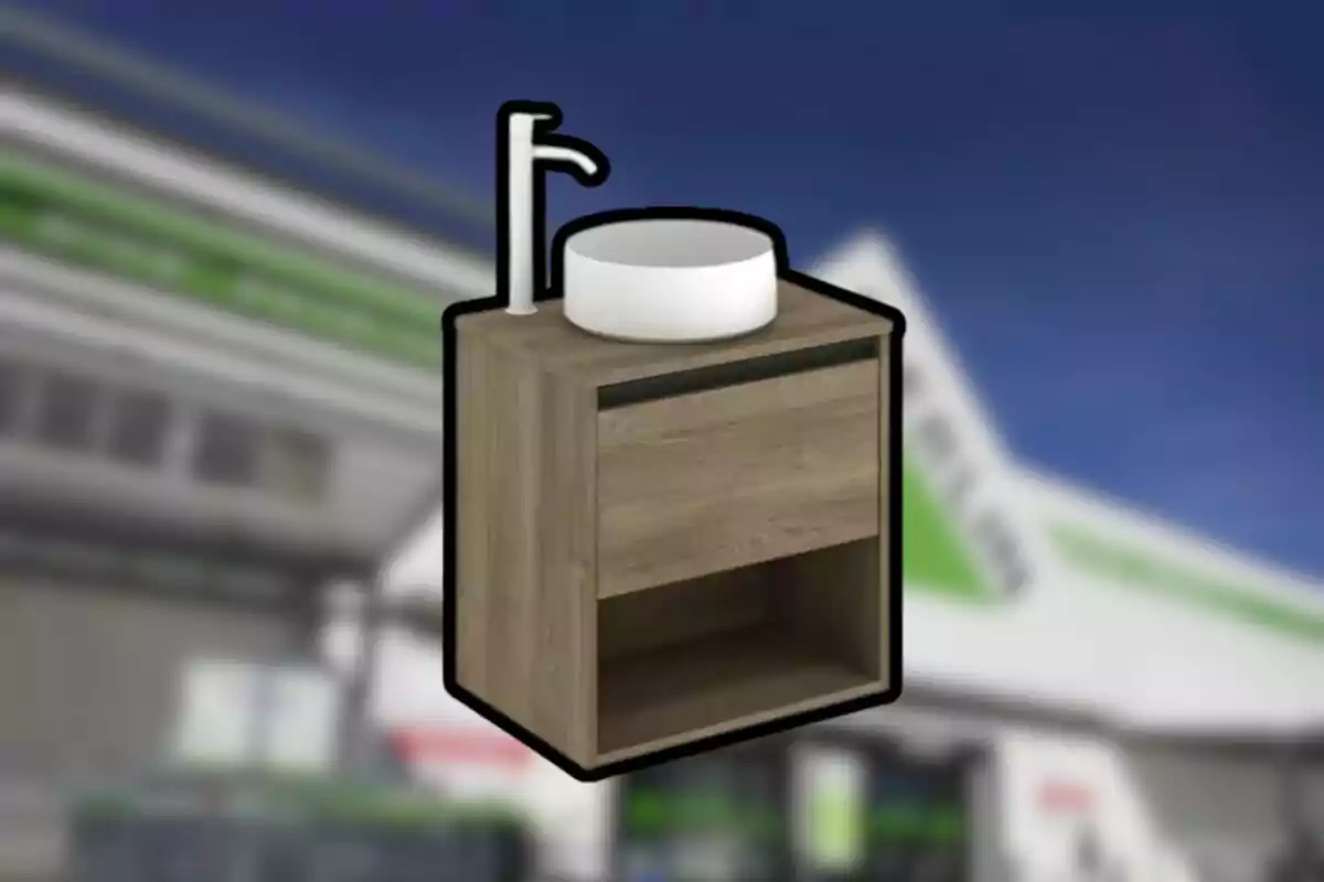 Mueble de baño de madera con lavabo redondo blanco y grifo, sobre un fondo desenfocado de una tienda Mueble de baño de madera con lavabo redondo blanco y grifo, sobre un fondo desenfocado de una tienda