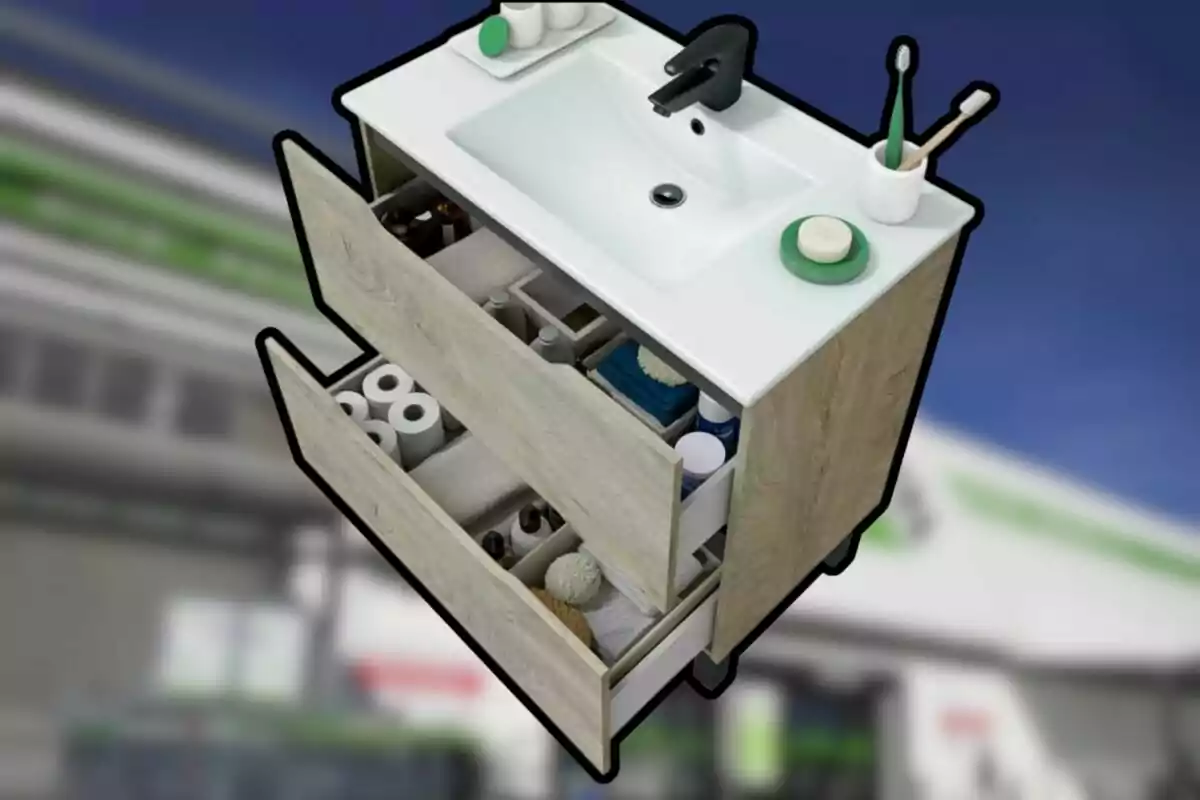 Moble de bany de fusta clara amb lavabo blanc i dos calaixos oberts que mostren articles d’higiene personal, paper higiènic, tovalloles i productes de neteja