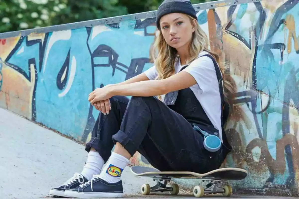 Joven sentada en una patineta junto a una pared con grafitis, viste camiseta blanca, overol oscuro, gorro negro y calcetas blancas con un logo colorido