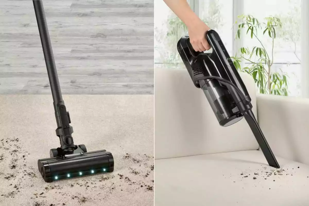 Aspiradora negra limpiando suciedad en una alfombra y en un sofá