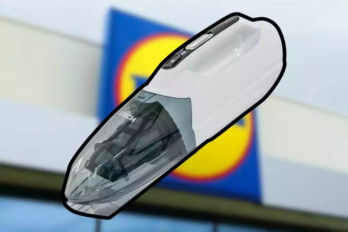 Bosch handheld vacuum cleaner in the foreground with a blurred background of a Lidl store