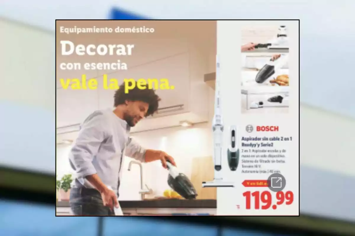 Man using a portable vacuum cleaner in a modern kitchen with a Bosch vacuum cleaner ad and highlighted price