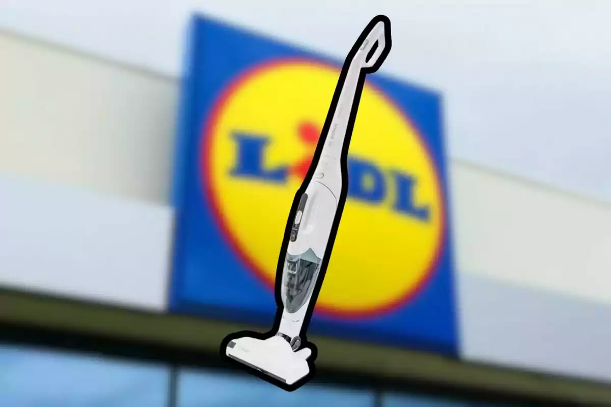 White vacuum cleaner featured in front of a blurred Lidl store facade