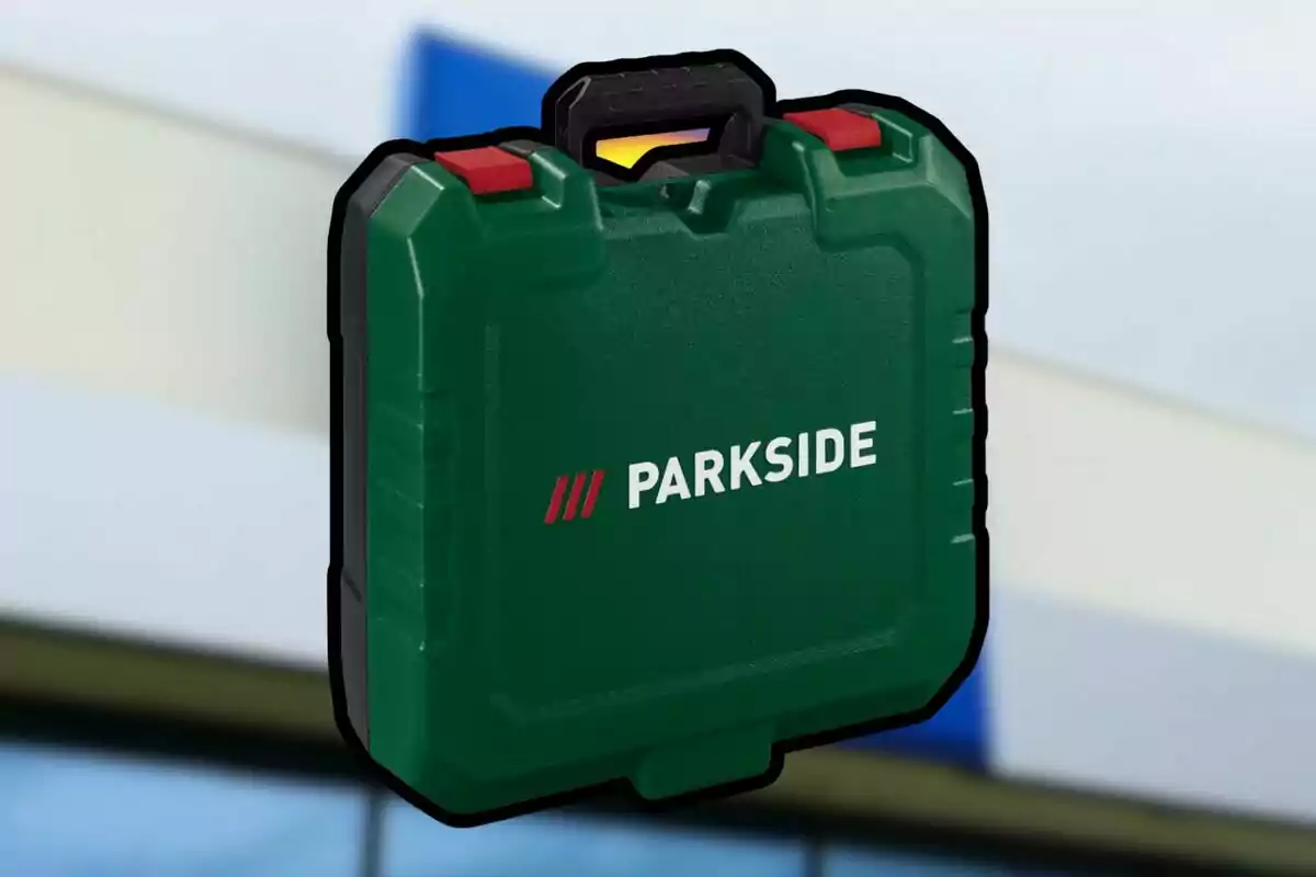 Green Parkside briefcase with red latches and a black handle