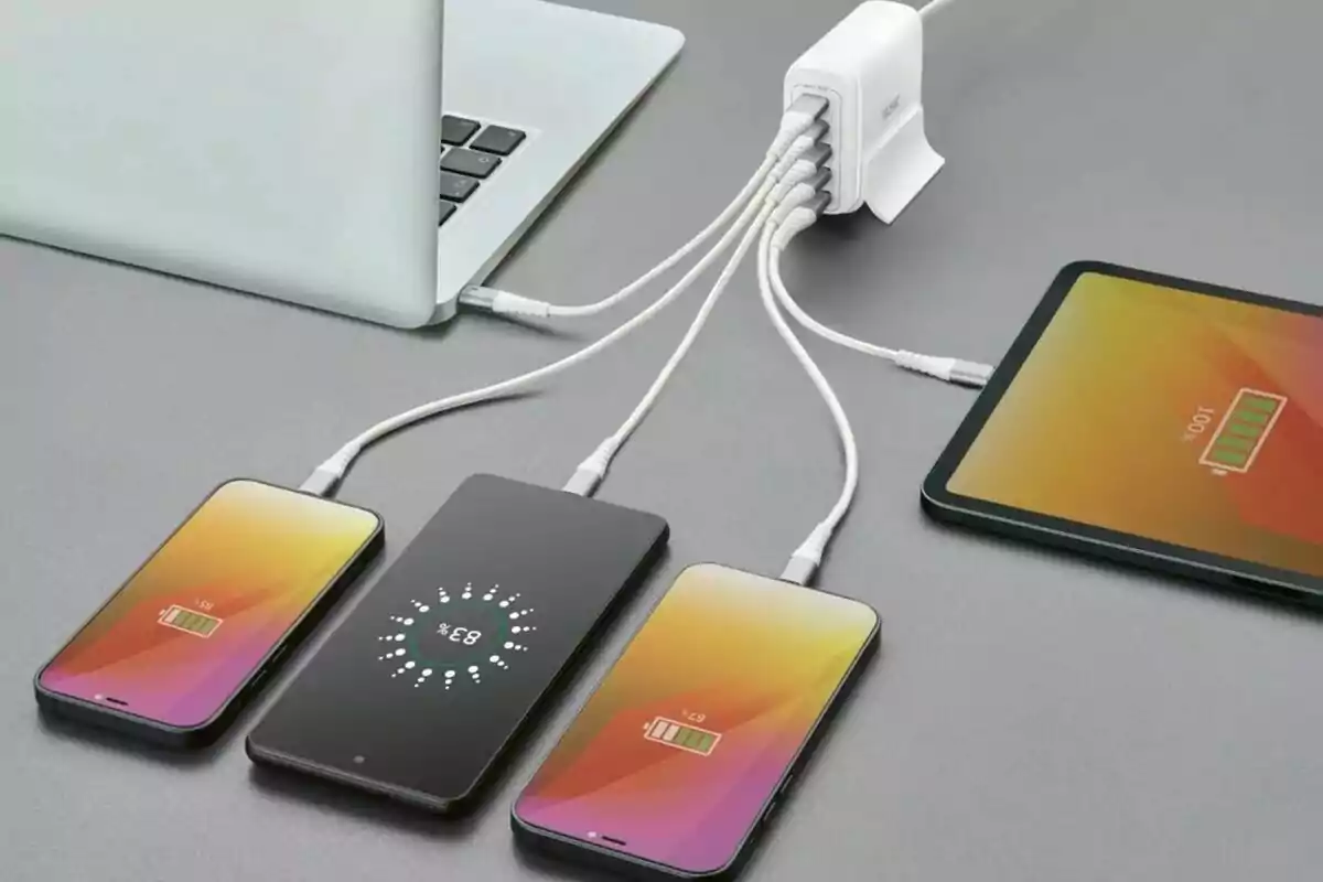 Varios dispositivos electrónicos como teléfonos y una tableta están conectados a un cargador múltiple con cables blancos sobre una mesa gris junto a una computadora portátil.