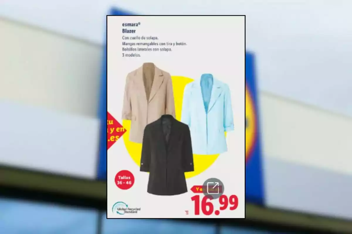 Women's blazers advertisement in beige, blue, and black colors, priced at 16.99 euros and available in sizes 36 to 46. Women's blazers advertisement in beige, blue, and black colors, priced at 16.99 euros and available in sizes 36 to 46.
