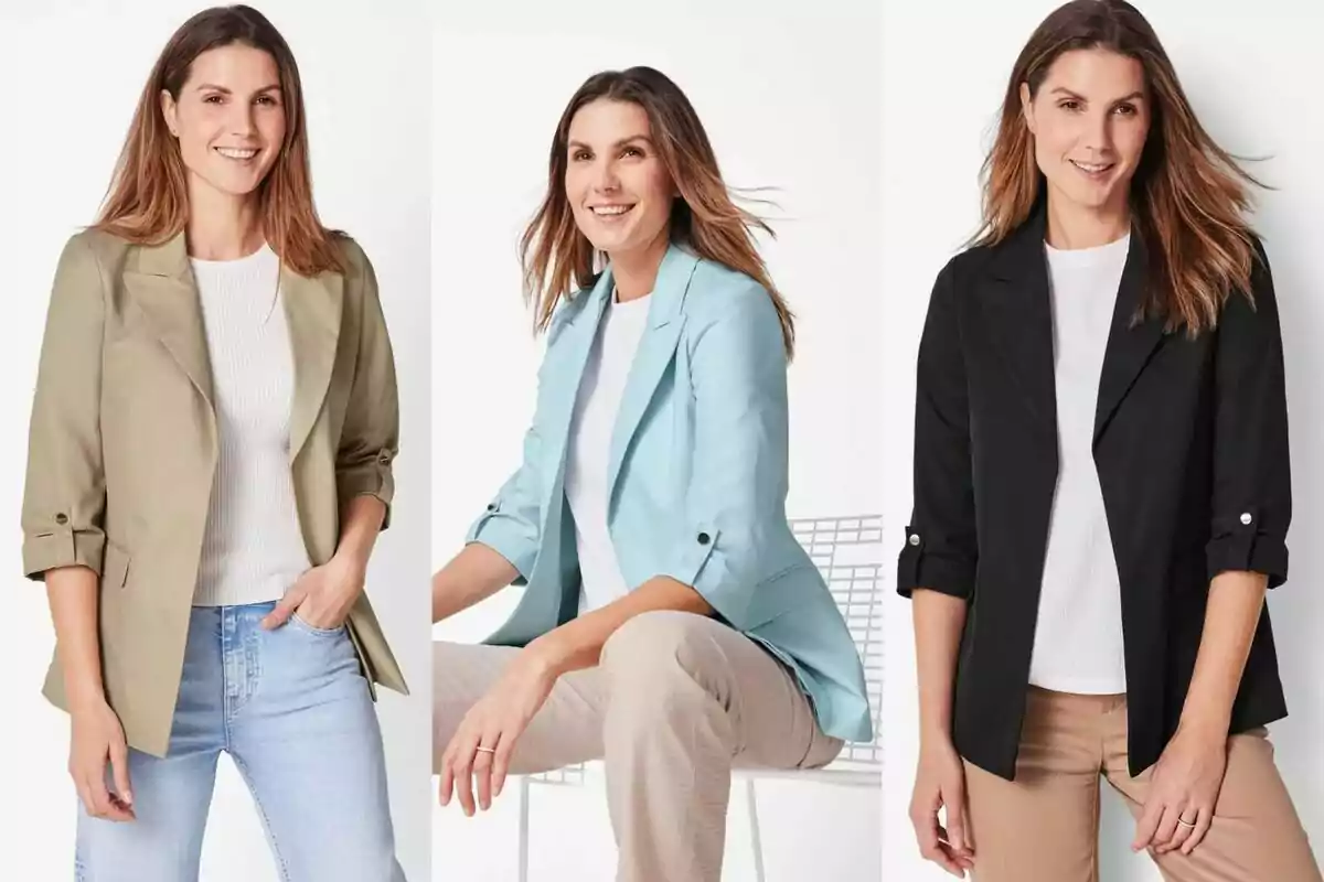 Woman modeling the same jacket in beige, blue, and black with different pants and a white blouse Woman modeling the same jacket in beige, blue, and black with different pants and a white blouse