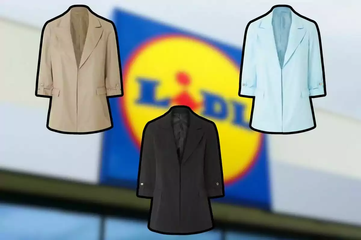 Three blazers in beige, black, and light blue on a blurred background with the Lidl logo. Three blazers in beige, black, and light blue on a blurred background with the Lidl logo.