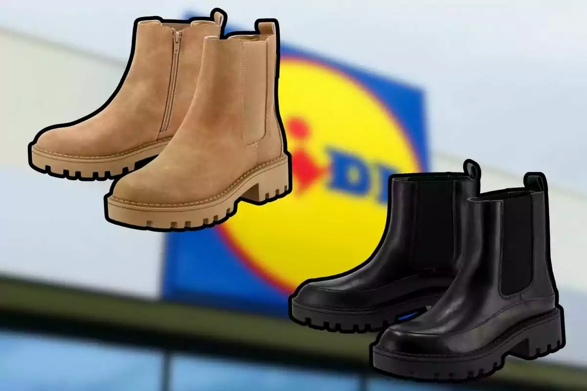 Dos pares de botines, uno beige y otro negro, sobre un fondo desenfocado con el logo de una tienda. Dos pares de botines, uno beige y otro negro, sobre un fondo desenfocado con el logo de una tienda.