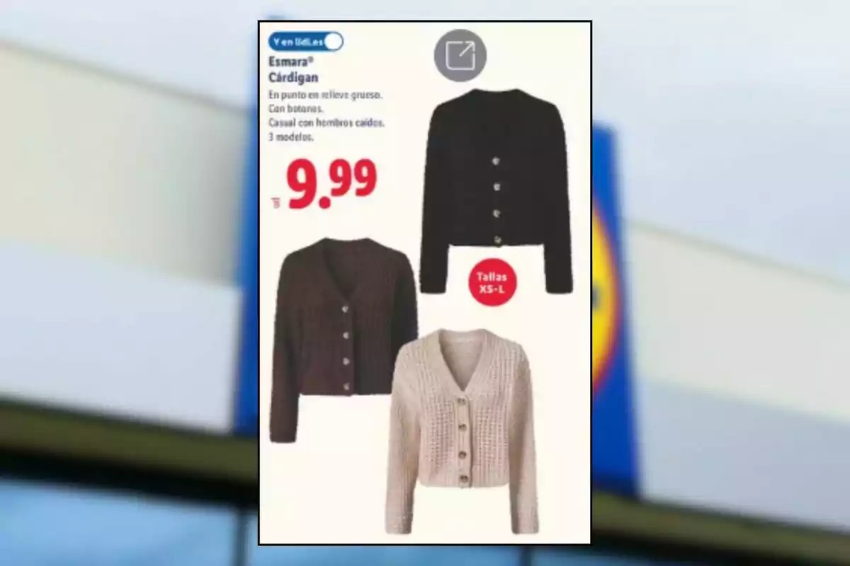 Publicitat de Lidl mostrant tres models de cangur de punt amb botons en colors negre, marró i beix, amb un preu de 9,99 euros i talles de la XS a la L.