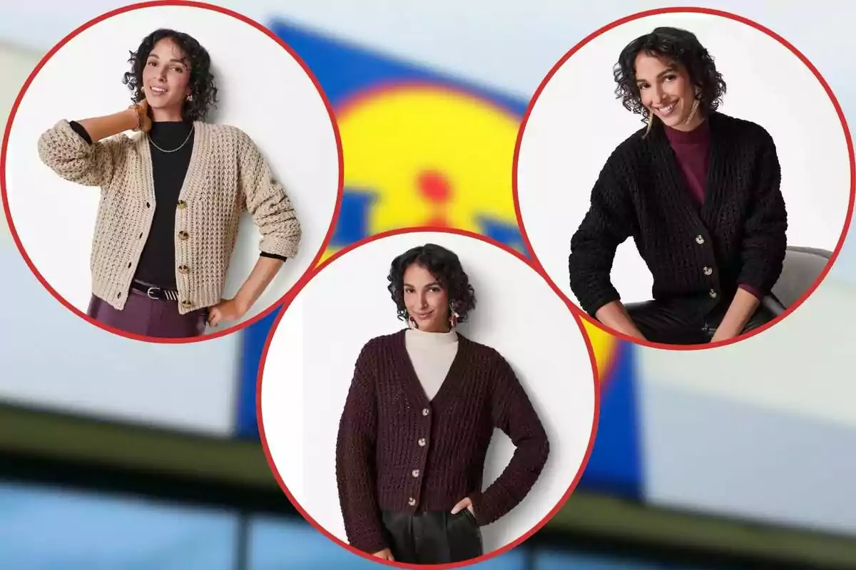 Tres dones posen portant diferents jerseis de punt en colors beix, negre i marró, amb un fons desenfocat d’un logotip de supermercat.