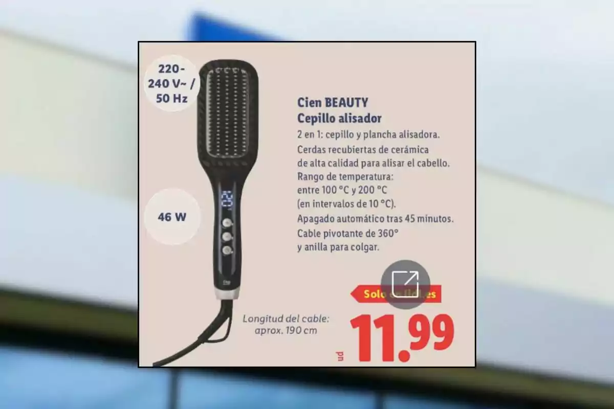 Cien Beauty 46W electric straightening brush with ceramic bristles, digital display, 190 cm cord, and a price of 11.99 euros Cien Beauty 46W electric straightening brush with ceramic bristles, digital display, 190 cm cord, and a price of 11.99 euros