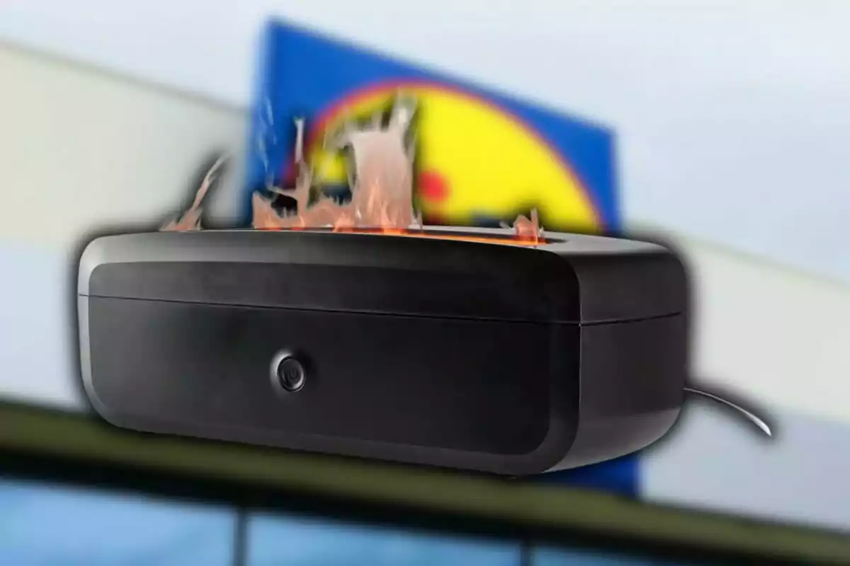 Una graella elèctrica negra amb foc encès davant d’un rètol borros de supermercat Una graella elèctrica negra amb foc encès davant d’un rètol borros de supermercat