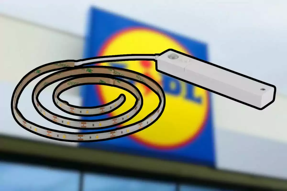 Rolled-up LED strip with sensor and blurred supermarket sign background