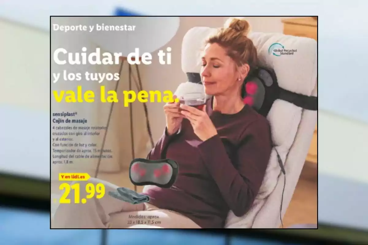Woman sitting in an armchair using an electric massage cushion on her back while holding a cup and smiling relaxed, with promotional text for a massage cushion and its special offer price Woman sitting in an armchair using an electric massage cushion on her back while holding a cup and smiling relaxed, with promotional text for a massage cushion and its special offer price