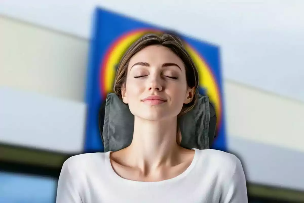 Young woman with closed eyes and a relaxed expression using a neck pillow in front of a building with a blurred blue and yellow sign. Young woman with closed eyes and a relaxed expression using a neck pillow in front of a building with a blurred blue and yellow sign.