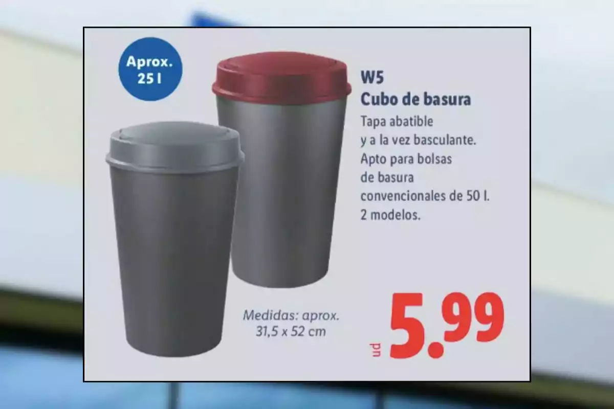 Two gray trash bins with flip lids, one with a gray lid and the other with a red lid, approximately 25-liter capacity, price .99 Two gray trash bins with flip lids, one with a gray lid and the other with a red lid, approximately 25-liter capacity, price .99