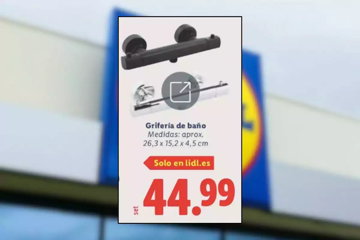 Publicidad de grifería de baño disponible solo en lidl.es con precio de 44.99 euros y dos modelos mostrados, uno negro y uno plateado Publicidad de grifería de baño disponible solo en lidl.es con precio de 44.99 euros y dos modelos mostrados, uno negro y uno plateado
