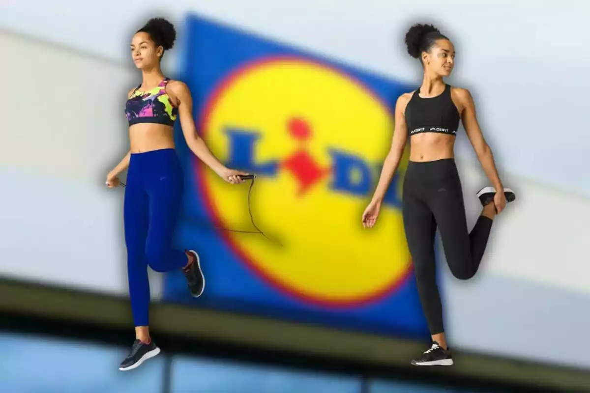 Dos mujeres con ropa deportiva realizan ejercicios frente a un cartel borroso de la tienda Lidl