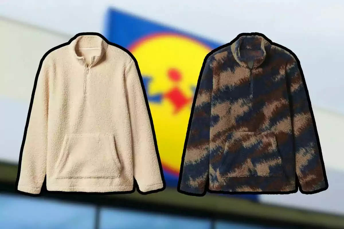 Two sherpa-style zip-up sweatjerseys, one in beige and the other with a brown and blue patterned print, set against a blurred background of a store with a yellow and blue logo. Two sherpa-style zip-up sweatjerseys, one in beige and the other with a brown and blue patterned print, set against a blurred background of a store with a yellow and blue logo.