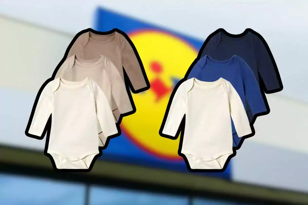 Several long-sleeve baby bodysuits in neutral and blue colors in front of a blurry store sign. Several long-sleeve baby bodysuits in neutral and blue colors in front of a blurry store sign.