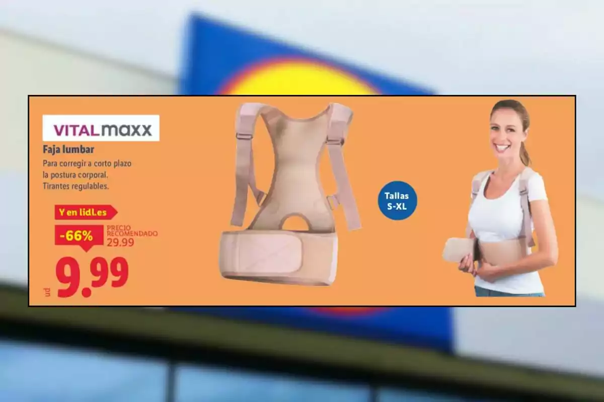 Publicidad de una faja lumbar Vitalmaxx con tirantes regulables para corregir la postura corporal, disponible en tallas S a XL, con una mujer usándola y un precio de oferta de 9.99 euros