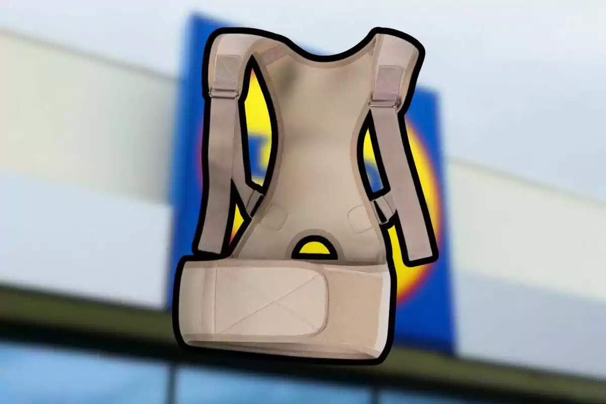 Corrector de postura color beige con fondo de un letrero borroso de supermercado