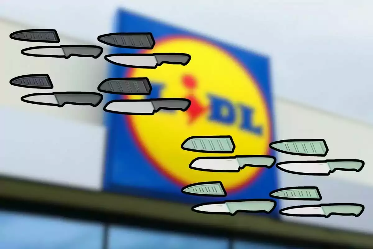 Knives shown in different colors in front of a blurry Lidl store sign Knives shown in different colors in front of a blurry Lidl store sign