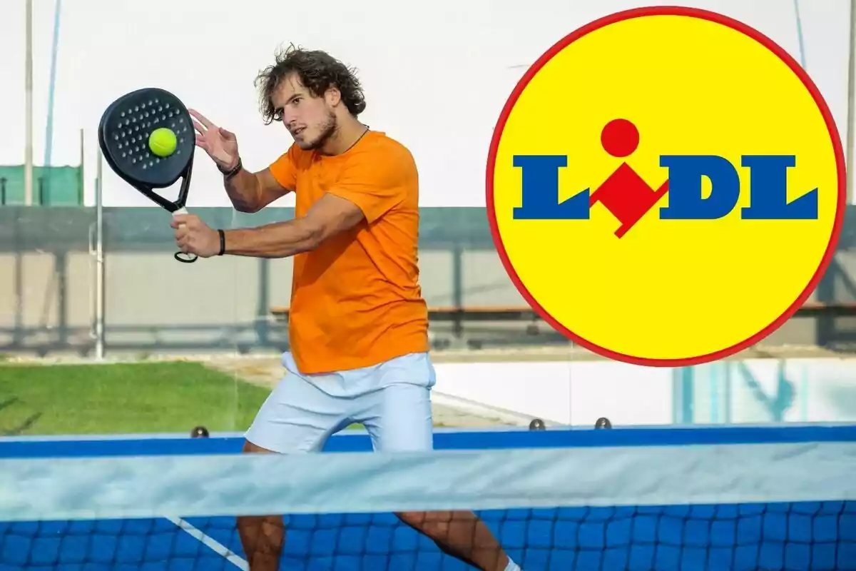 Man playing padel wearing an orange jersey and white shorts next to a large Lidl logo