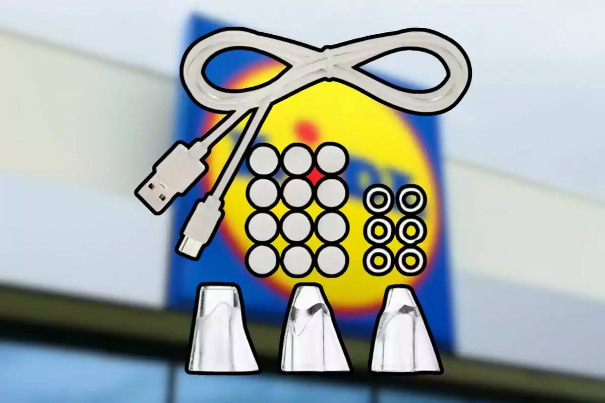 Varios accesorios electrónicos y de repuesto sobre un fondo desenfocado de la fachada de una tienda. Varios accesorios electrónicos y de repuesto sobre un fondo desenfocado de la fachada de una tienda.