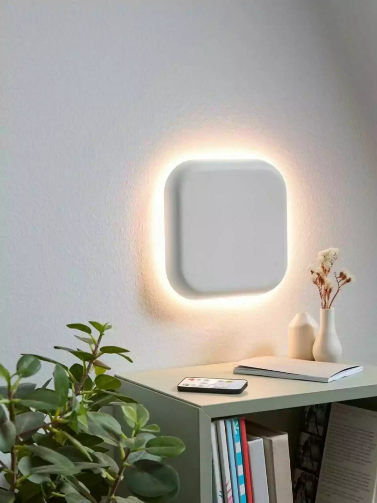 Lámpara de pared cuadrada con luz cálida encendida sobre una repisa verde con libros, una planta, un teléfono móvil y dos floreros blancos