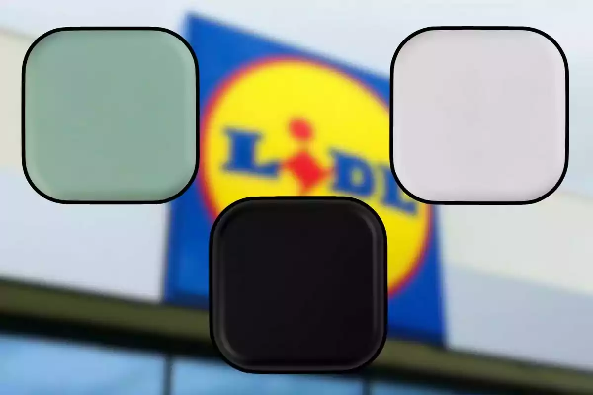 Tres cuadros de colores verde, blanco y negro sobre un fondo desenfocado con el logo de una tienda Lidl