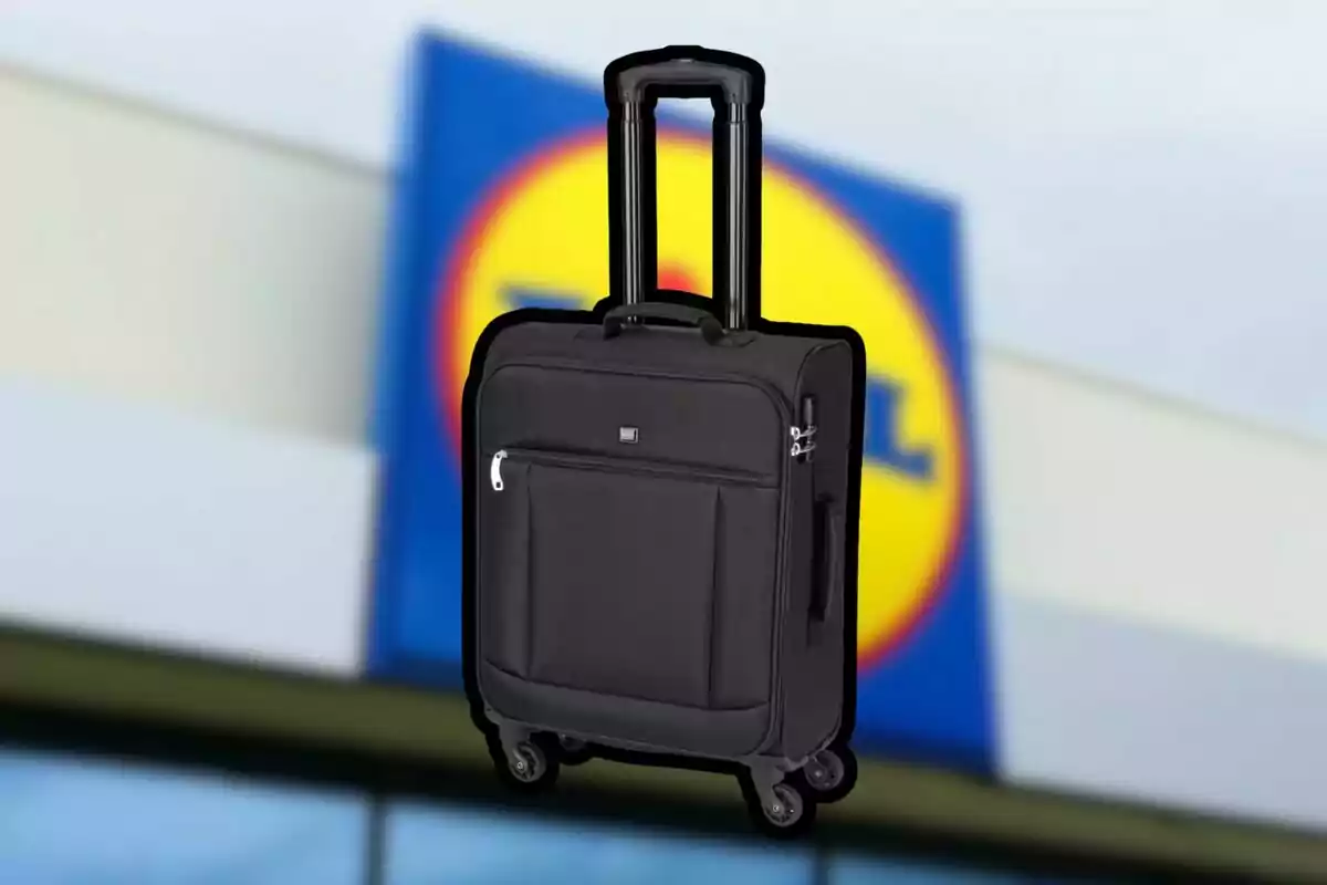 Maleta de cabina negra con ruedas frente a un cartel borroso de una tienda Maleta de cabina negra con ruedas frente a un cartel borroso de una tienda