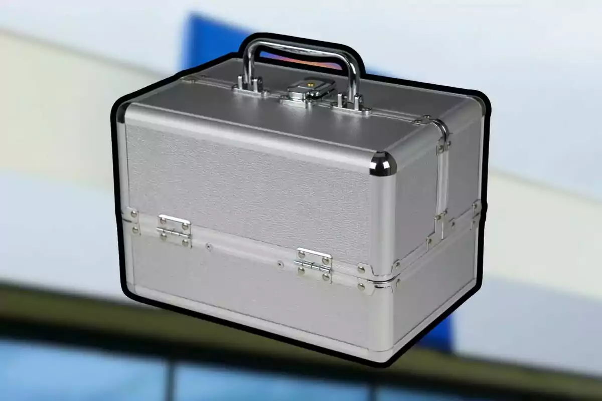 Maletín metálico plateado con esquinas reforzadas y asa negra sobre un fondo desenfocado.