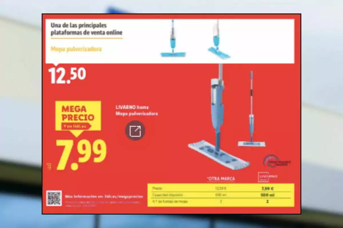 Publicidad de una mopa pulverizadora azul de la marca LIVARNO home con precio rebajado a 7.99 euros sobre fondo rojo y detalles de comparación con otra marca