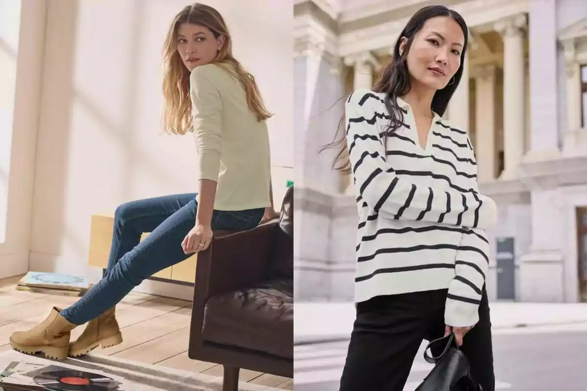 Dos mujeres posan con ropa casual una sentada en un sillón con jeans y botas beige en un interior iluminado y la otra de pie con un suéter de rayas y pantalón oscuro frente a un edificio clásico Dos mujeres posan con ropa casual una sentada en un sillón con jeans y botas beige en un interior iluminado y la otra de pie con un suéter de rayas y pantalón oscuro frente a un edificio clásico