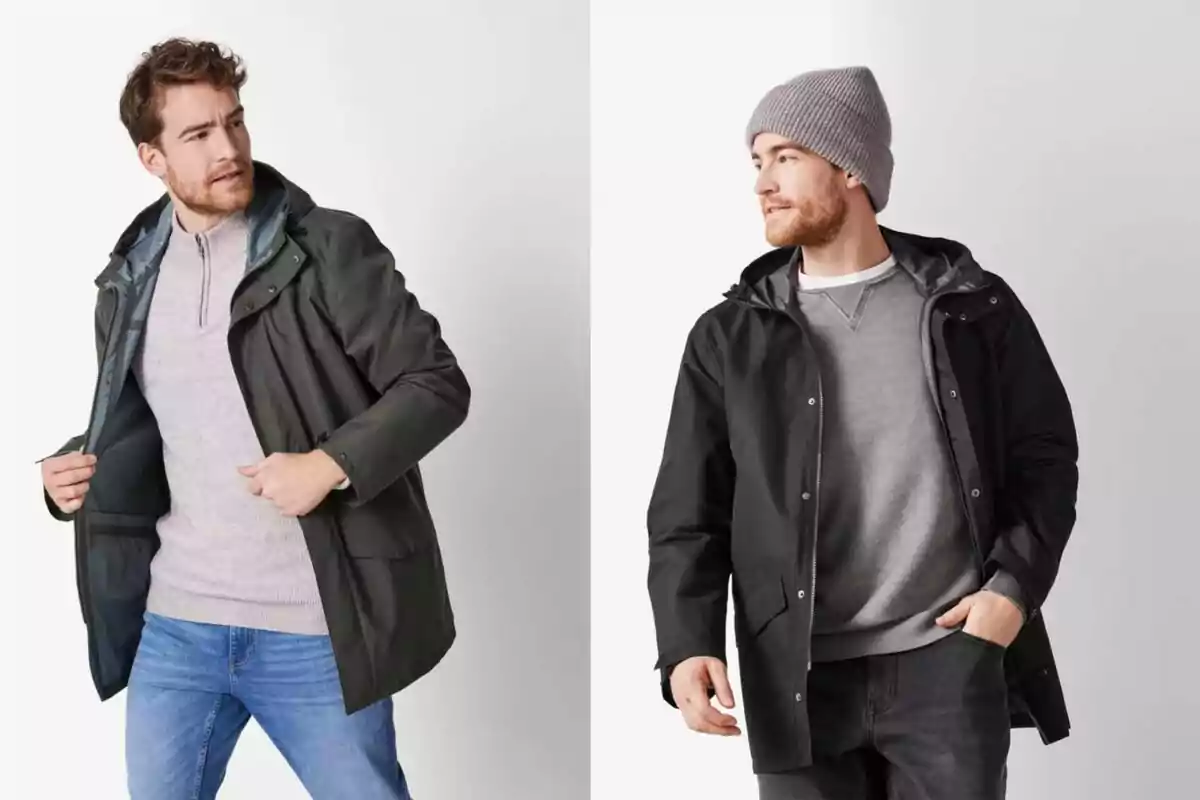 Two men pose wearing dark-colored rain jackets; one is wearing jeans and a light sweater, the other is dressed in dark pants, a gray sweater, and a gray knit hat.