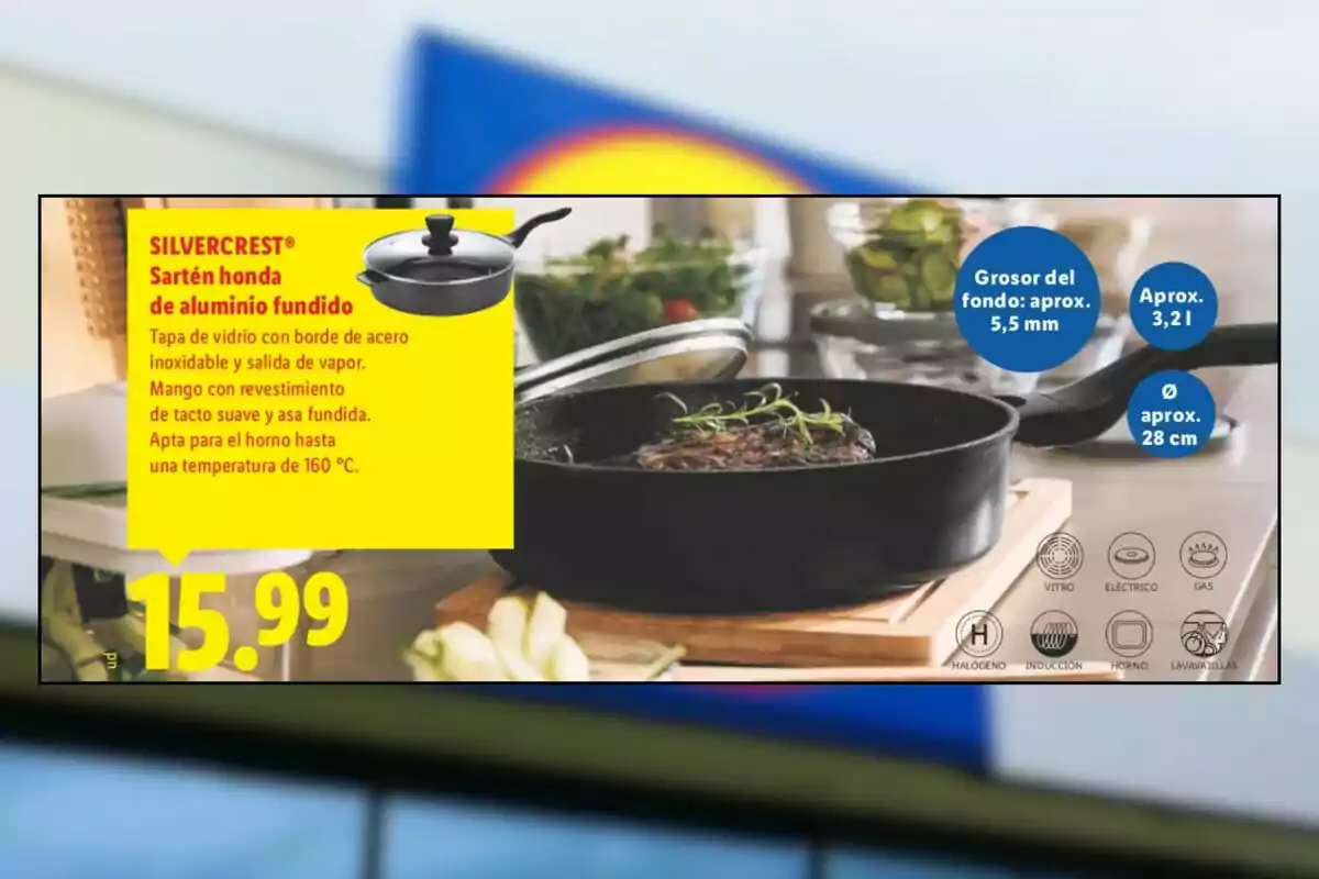 Sartén honda de aluminio fundido Silvercrest con tapa de vidrio y borde de acero inoxidable, mango con revestimiento suave, apta para horno hasta 160 grados, capacidad de 3.2 litros, diámetro de 28 cm, grosor del fondo de 5.5 mm, compatible con vitrocerámica, eléctrico, gas, halógeno, inducción, horno y lavavajillas, precio de 15.99 euros Sartén honda de aluminio fundido Silvercrest con tapa de vidrio y borde de acero inoxidable, mango con revestimiento suave, apta para horno hasta 160 grados, capacidad de 3.2 litros, diámetro de 28 cm, grosor del fondo de 5.5 mm, compatible con vitrocerámica, eléctrico, gas, halógeno, inducción, horno y lavavajillas, precio de 15.99 euros