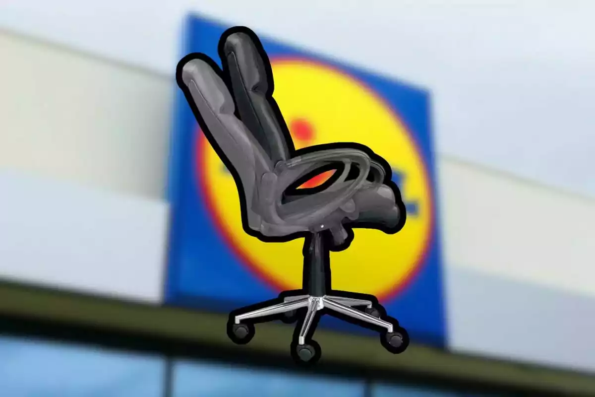 Black office chair with wheels on a blurred background of a store facade with a yellow and blue logo Black office chair with wheels on a blurred background of a store facade with a yellow and blue logo
